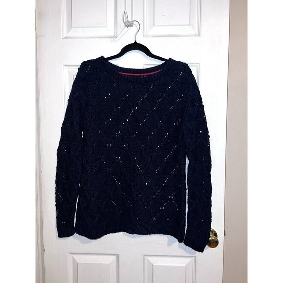 TOMMY HILFIGER Womens Chunky Open Knit Sweater Pullover Navy Blue Cotton Sz XL - Picture 1 of 12